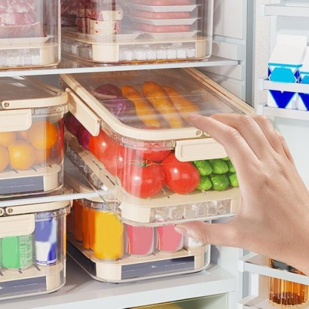 Cutie de Depozitare Portabila, Cyrax, cu Separator pentru Gheata si Scurgere, Mentine Rece, Caserola Pranz, 25x16.5x11.5 cm, Crem/Transparent