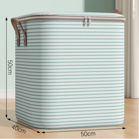 Cutie de Depozitare cu Fermoar,  Pliabila, Maner Ranforsat, Fermoar Rezistent, pentru Haine, Paturi, Plapume, Perne, Lenjerii de Pat, Jucarii, 50x40x50 cm, 100 Litri, in Dungi, Verde