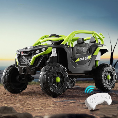 Masina Electrica pentru Copii, Cyrax, Tip Buggy/UTV Off-Road Dual Drive, Conectare Bluetooth, Telecomanda, Lumina Intermitenta si Muzica, Baterie 380*2, 6V 7Ah, 97 x 62 x 58 cm, Verde Negru