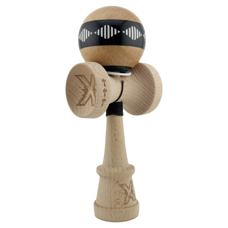 Kendama X Originala FREQUENCY, Profesionala, Cyrax, Cupe Mari KING SIZE V3, Super Sticky, Gaura in Baza, Rulment Metalic, din lemn 18 cm, Ata 55 cm, Negru/Maro