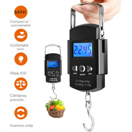 Cantar Digital de Mana cu Carlig, Cyrax, Cantar Portabil, Pescuit, cu Maner, Capacitate 50 kg, cu Metru Incorporat, 20.5 x 6 x 2.5 cm, Negru