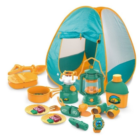 Cyrax Set camping exterior/interior pentru copii, 7 accesorii cu tematica si cort, multicolor