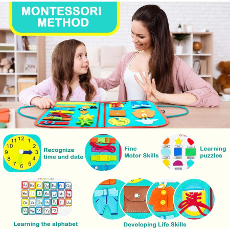 Carte Senzoriala Educativa Montessori, Cyrax, cu Activitati, Dezvoltare Abilitati Motorii, 4 Pagini, Model Spatiu Cosmic, 28x22x7 cm, Albastru