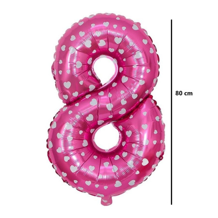 Balon din Folie Metalizata Cyrax, Figurina Cifra, Imprimeu Inimi, Tema Aniversare 80 cm, Ambalaj Individual, Pai inclus, Umflare cu Aer sau Heliu, Roz, Cifra 8