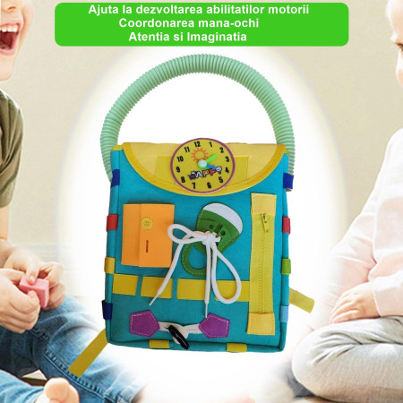 Ghiozdan Montessori, Cyrax, pentru Copii 2-6 ani, Fidget Pop, cu Catarame si Fermoare, Jucarii Senzoriale, Activitate de Invatare prin Joc, Turcoaz, 0.25 kg, 28x10x23 cm