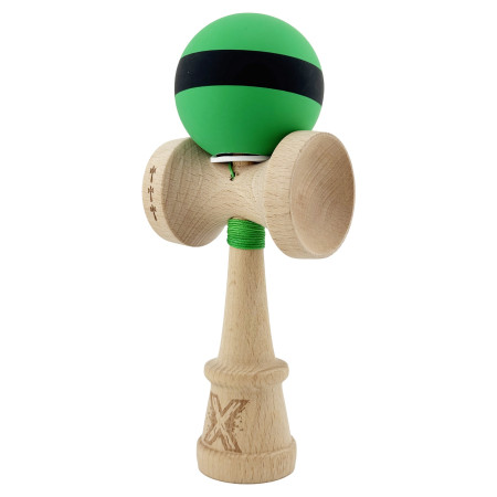 Kendama X Originala, Profesionala, Cyrax, Cupe Mari KING SIZE V3, Rubber Grip, Gaura in Baza, Rulment Metalic, din lemn 18 cm, Ata 62/65 cm, M Bicolor Verde Dublu/Negru