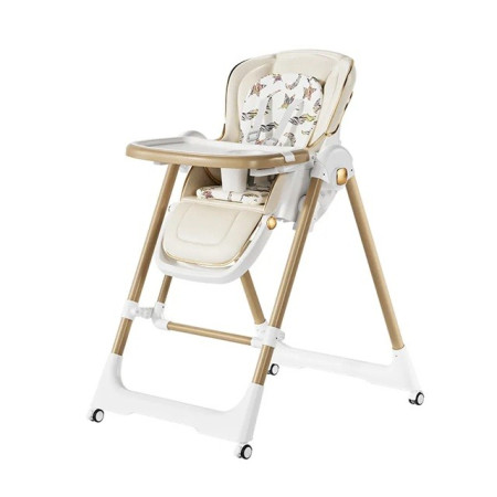 Scaun de Masa 2in1, Cyrax, pentru Copii 6 luni - 4 Ani, Pliabil, cu Roti, Balansoar, Leagan, Reglabil, Tava de Masa Dubla, Centura in 5 Puncte, 96 x 56 x 76 cm, Sampanie