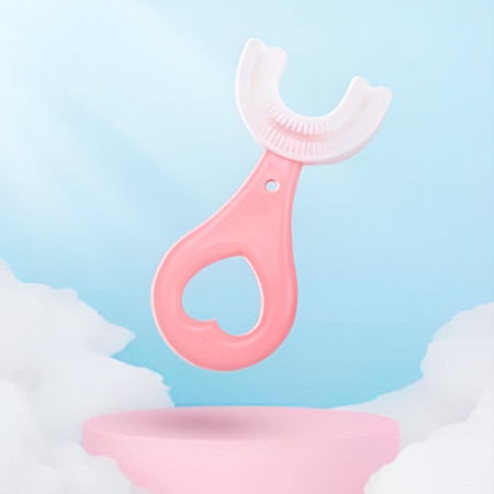 Periuta de Dinti in Forma de U,  pentru Sugari si Copii 2-6 ani, Peri Moi, 9 cm, Model Inima, Culoare Roz