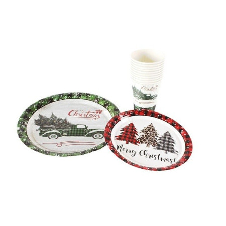 Set 10 Farfurii Unica Folosinta, Cyrax, 23 cm, Model Masina de Craciun, Multicolor