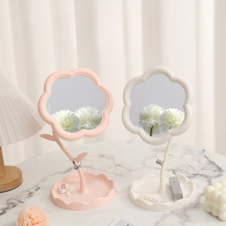 Oglindă de Machiaj pentru Birou, Cyrax, Rotativă, Detasabilă, Model de Floarea Soarelui, Suport pentru Inele, cu Depozitare, Roz