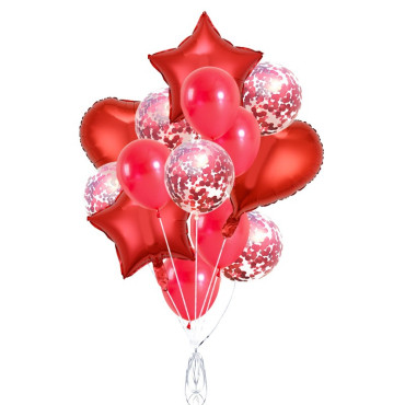 Set 14 Baloane din Folie Metalizată si din Latex, Cyrax, Figurine Stea si Inima 45 cm, Baloane Latex 30 cm, Tema Buchet, Ambalaj Individual, Pai Inclus, Umflare cu Aer sau Heliu, Rosu