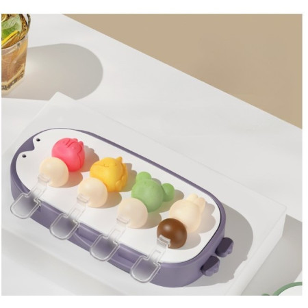 Forma pentru inghetata Cyrax, 4 compartimente, forme cu animalute, materialsilicon si ABS, 21 x 12.8 x 3cm, mov