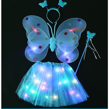 Costum Fluturas cu Aripi Modelabile Luminoase pentru Copii, Cyrax, Fusta din Tul cu Lumini, Bagheta si Bentita, 4 piese, Pentru Halloween, Roleplay, Craciun, Carnaval, Paste, Ziua Copilului, Bumbac/Poliester, Marime universala, Albastru