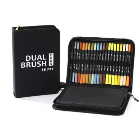 Set Carioci pe Baza de Apa, Cyrax, 2 in 1, pentru Pictura, Caligrafie, 60 Culori, Penar Negru, Corp Carioca Negru, 26.5 x 17.5 x 4.5 cm, Multicolor