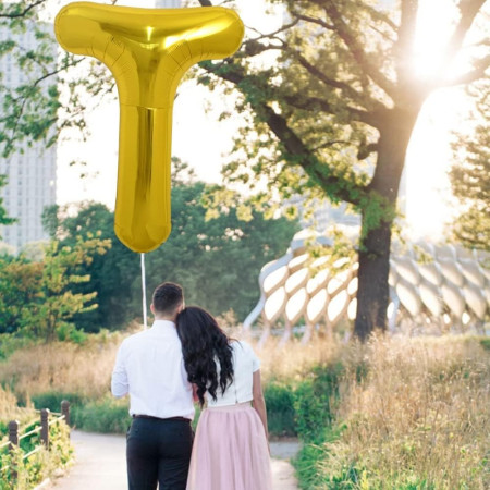 Balon Folie Metalizata Litera T, Cyrax, 80 cm, Umflati cu Heliu sau Aer, Ambalaj Individual, Pai inclus, Auriu