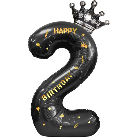 Balon din Folie Metalizata Cyrax, Figurina Cifra si Coroana, Scris Happy Birthday, Tema Aniversare 100 cm, Ambalaj Individual, Pai inclus, Umflare cu Aer sau Heliu, Negru, Cifra 2