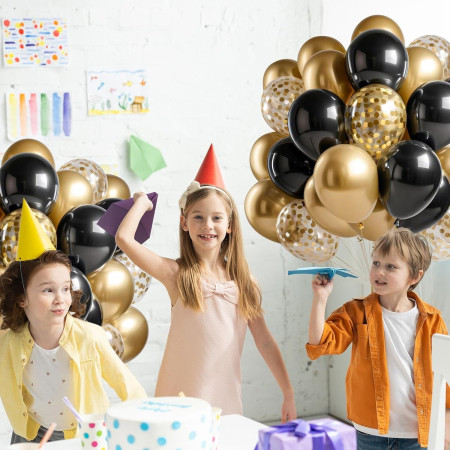 Set 16 Baloane din Latex, Cyrax, Model Party, 30 cm, Auriu, Negru, Confetti, 2.8 g