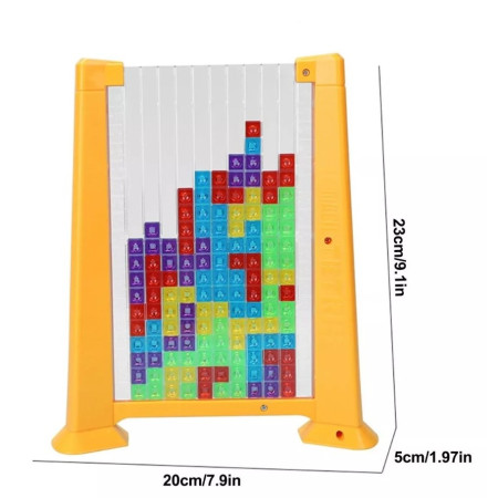 Joc de inteligenta Tetris puzzle tangram Cyrax, 70 de piese multicolore, 3D, montessori, interactiv, din plastic, zar inclus, sac depozitare piese, varsta peste 6 ani, 23 x 19.8 x 5 cm, cadru galben