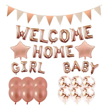 Set baloane folie si latex, Cyrax, WELCOME HOME, 16 piese, 12 baloane latex, 2 baloane folie, 1 set Welcome Home Baby Girl,1 Banner, Rose gold