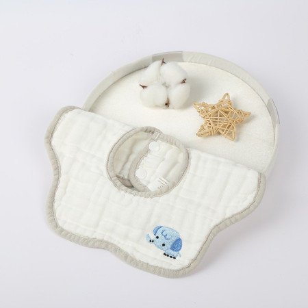 Baveta Tip Floare, Cyrax, din Bumbac, pentru Copii 0-12 Luni, Rezistenta la apa, 8 Straturi, Model Tricotat cu Elefantel, 26 x 29 cm, Alb