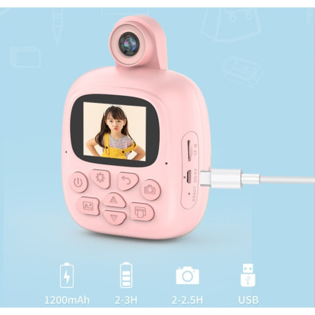 Set Camera Instantanee pentru Copii, Cyrax, Camera 180° Selfie, Ecran HD 2'', 24MP, 720P Video, 1200 mAh, cu Functie de Printare Alb-Negru, cablu USB-C, Bluetooth, Compatibil iOS/Android, Imprimare APP, Model Bunny, Roz