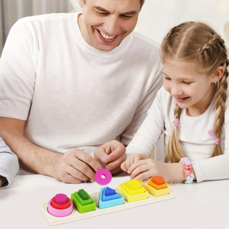 Jucarie Montessori din Lemn, Cyrax, Tip Puzzle, cu 5 Forme Asimetrice, 15 Piese, Educativa, Interactiva, Creativa, Model Forme Geometrice, Materiale Non Toxice, +2 Ani, 29x6.5 cm, Multicolor