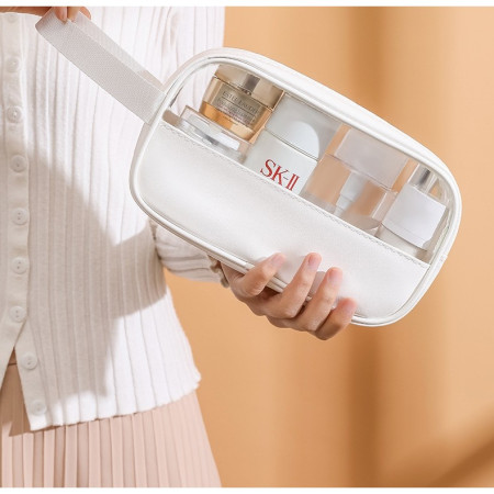 Geanta cosmetice Cyrax, pentru voiaj sau organizare, material PVC/textil, impermeabila, portabila, 22 x 12 x 8 cm, alb