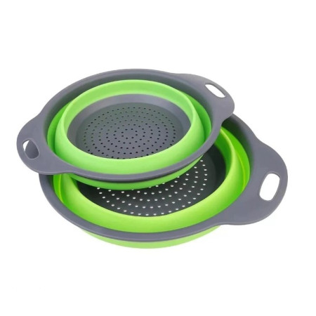 Set 2 strecuratori pliabile din silicon alimentar Cyrax, cu manere, fund antiaderent si antialunecare, rotunda, doua dimensiuni, usor de depozitat, compatibil cu masina de spalat vase, verde
