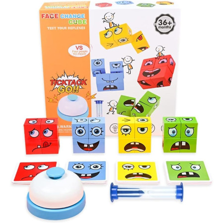 Jucarie Pentru Copii Montessori Cyrax, Cub din Lemn, Asamblare Fete, 64 de Carti Distractive, Clepsidra si Clopotel inclus, pentru Baieti si Fete, Varsta +3 ani, Educativ, Cutie din carton, 21 x 21 x 5.5 cm, multicolor