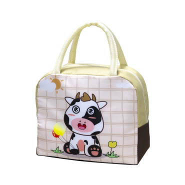 Geanta Termoizolanta pentru Copii, Cyrax, 23x13x19 cm, Model Imprimeu Vacuta, din Folie de Aluminiu si Panza Oxford, Bej