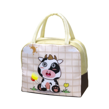 Geanta Termoizolanta pentru Copii, Cyrax, 23x13x19 cm, Model Imprimeu Vacuta, din Folie de Aluminiu si Panza Oxford, Bej