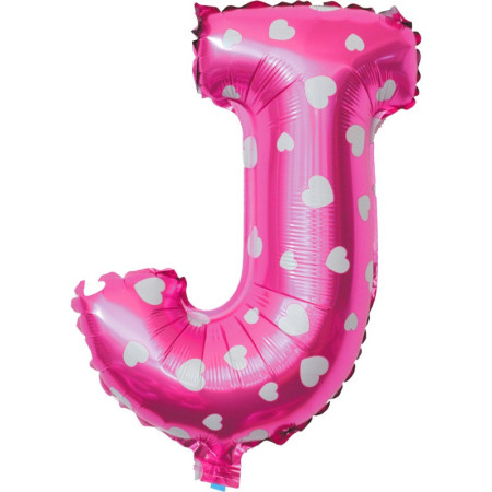 Balon Folie Metalizata Litera J, Cyrax, 40 cm, Cu Imprimeu Inimioare, Umflati cu Heliu sau Aer, Ambalaj Individual, Pai inclus, Roz