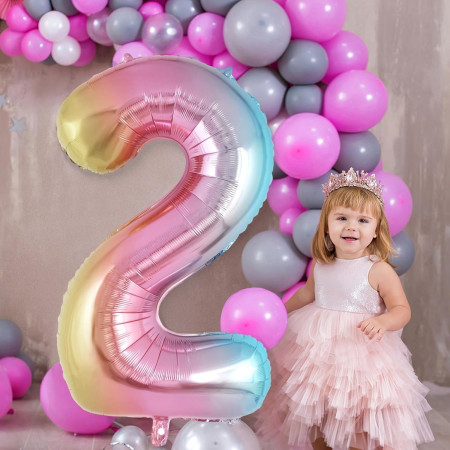 Balon din Folie Metalizata Cyrax, Figurina Cifra Gradient, Tema Aniversare 40 cm, Ambalaj Individual, Pai inclus, Umflare cu Aer sau Heliu, Multicolor, Cifra 2