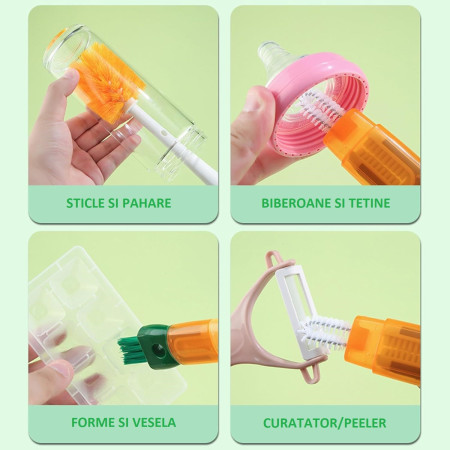 Perie 5 in 1 de Curatat Pahare, Cani, Sticle, Cyrax, cu Maner Lung, Accesorii pentru Spalarea Paielor si Capacelor, Usor de Agatat, 36x7x7cm, Portocaliu-Alb