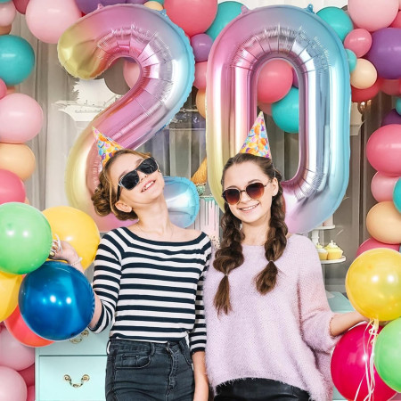 Balon din Folie Metalizata Cyrax, Figurina Cifra Gradient, Tema Aniversare 40 cm, Ambalaj Individual, Pai inclus, Umflare cu Aer sau Heliu, Multicolor, Cifra 2