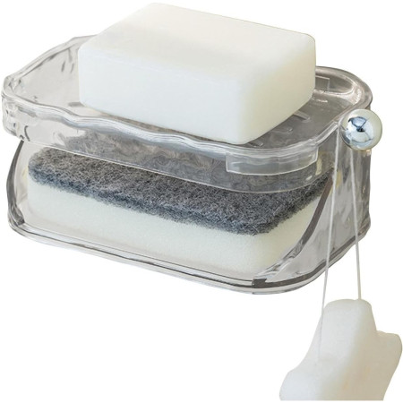 Savoniera Dubla,  2 Straturi, Instalare fara Perforare, Agatatoare Burete, 13.5 x 8.5 x 6 cm, Transparent