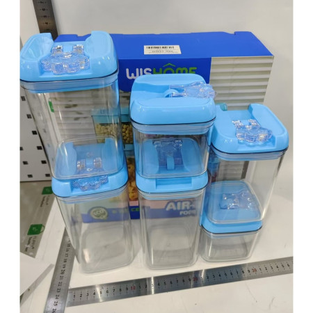 Set 6 Cutii de Depozitare Alimente, Cyrax, 2 x 500ml, 2 x 800ml, 2 x 1200ml, Capac Albastru, din PP+PET, Inchidere Ermetica, Transparent