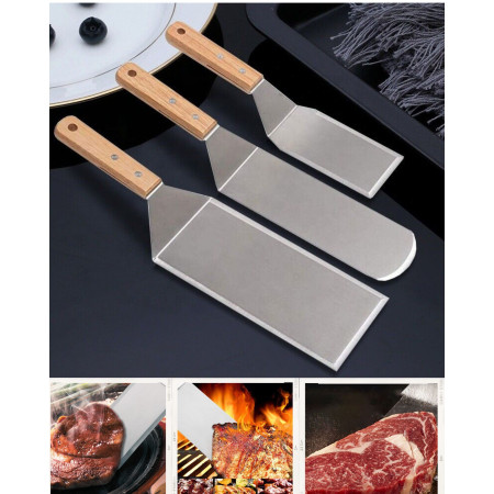 Set 3 spatule pentru gratar Cyrax, din metal, margini subtiri, suprafata antiaderenta, rezistente la temperaturi ridicate, maner ergonomic din lemn, 3 forme, agatatoare, gri