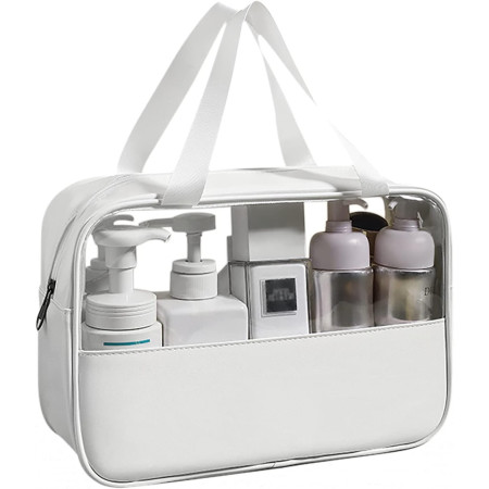 Geanta cosmetice Cyrax, pentru voiaj sau organizare, material PVC/textil, impermeabila, portabila, 26 x 15 x 10 cm, alb