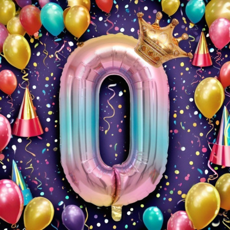 Balon din Folie Metalizata, Cyrax, Figurina Cifra Gradient, Tema Aniversare 80 cm, Ambalaj Individual, Pai inclus, Umflare cu Aer sau Heliu, Coronita, Cifra 0