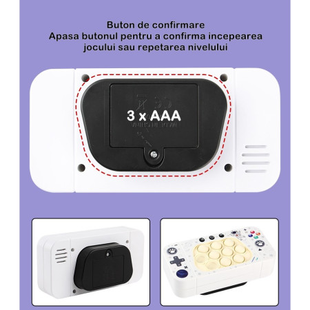 Jucarie interactiva tip consola pentru copii Cyrax, speed push whack-a-mole, joc de viteza pop it, material ABS/silicon, cu nivele, sunete si lumini, 15.5 x 7.6 x 5.3 cm, model astronaut, alb