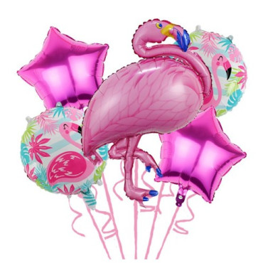 Set Baloane party aniversare, Cyrax, din Folie de aluminiu si Latex, set din 5 baloane Flamigo Party cu 2 stele, 2 baloane rotunde, 60 -90 cm, Roz