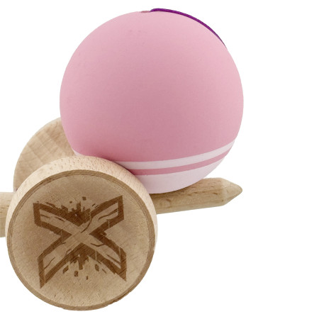 Kendama X Originala, Profesionala, Cyrax, Rubber Grip, Cupe Mari KING SIZE V3, Gaura in Baza, Rulment Metalic, din lemn 18 cm, Ata 62/65 cm, Bicolor Roz/Roz deschis