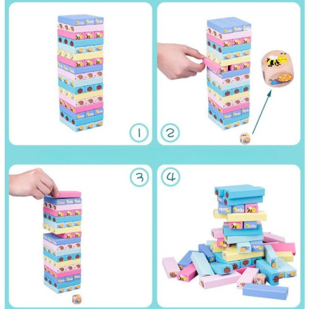 Joc de Societate, Cyrax, pentru Copii, din Lemn, Interactiv, Distractiv, Jenga Stack High Blocks, cu Zar, 51 de Piese Animate, 24.5x18x5 cm, Multicolor