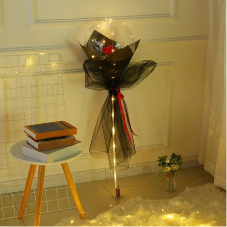 Trandafir in Balon LED cu Lumini, Cyrax, Tip Buchet, Diametru 35 cm, Rosu