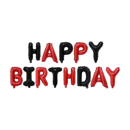Set Baloane din Folie Metalizata, Cyrax, Model Happy Birthday, Litere de 40 cm, Baloane Party, Ambalaj Individual, Pai, Ata si Adeziv Incluse, Umflare cu Aer sau Heliu, Rosu-Negru
