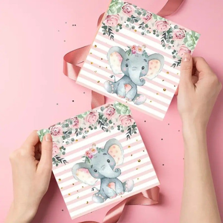 Set 20 de Servetele de Masa, Cyrax, Imprimeu Elefant, din Hartie, 16.5 x 16.5 cm, Roz