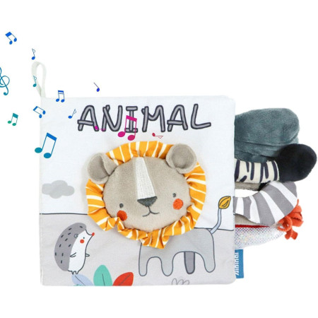 Carte Senzoriala, Cyrax, pentru Bebelusi, 15x16x6 cm, cu Animalute, 3D, Cu Sunete si Fosnete, 0-3 Ani, Model Leu, Gri