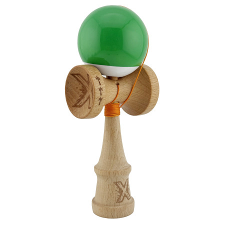 Kendama X Originala, Profesionala, Cyrax, Big Cups V2, Super Sticky cu Cupe Mari, din lemn 18 cm, Rulment Metalic cu Ata 55 cm, Verde/Alb