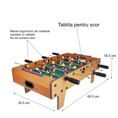 Masa de Fotbal cu Teren si 18 Jucatori Cyrax, 6 Manere, cu Tablou pentru Scor, din Metal, Lemn si ABS, 60.5 x 30.5 x 18.5 cm, cu Picioare, pentru copii/adulti